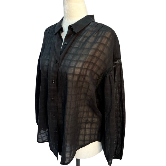 𝅺NWT Anthropologie See U Soon Button Up Windowpane Semi-Sheer Black Blous… - Picture 4 of 11